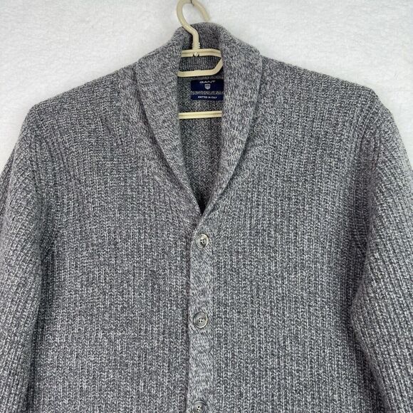 GANT Fisherman Cardigan Men 2XL Gray Lambswool Shawl Collar Grandpa Knit Sweater - Picture 2 of 15